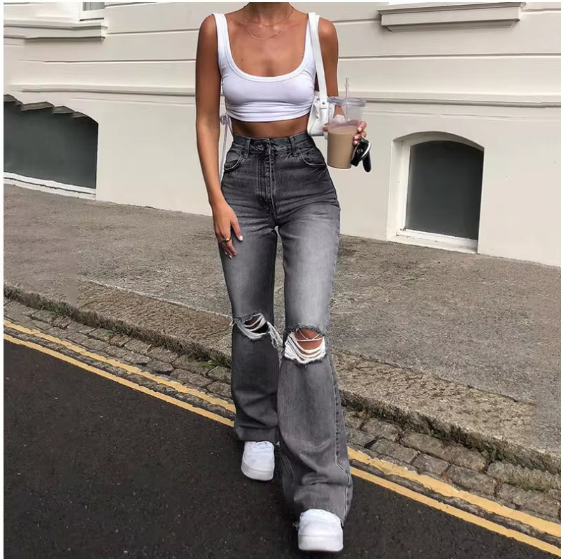 Women’s Vintage High-Waisted Ripped Flare Jeans – Wide Leg, Raw Hem Denim Pants with Pockets