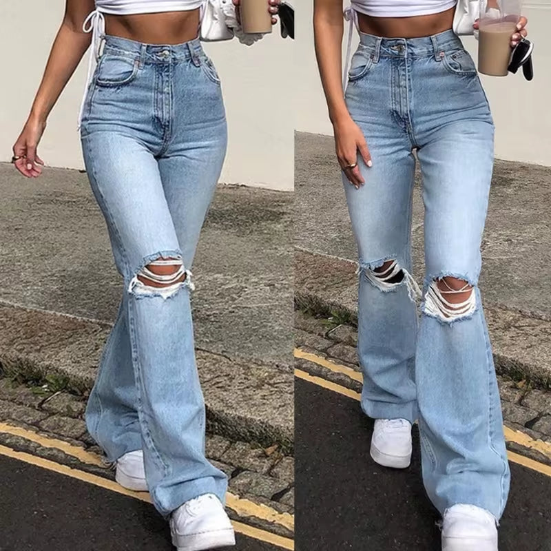 Women’s Vintage High-Waisted Ripped Flare Jeans – Wide Leg, Raw Hem Denim Pants with Pockets