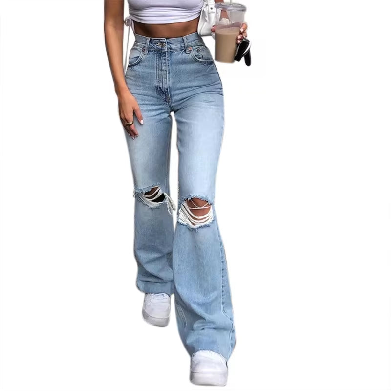 Women’s Vintage High-Waisted Ripped Flare Jeans – Wide Leg, Raw Hem Denim Pants with Pockets